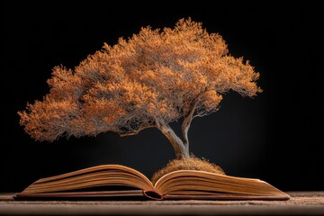 Conceptual Art Of A Bronze Tree Growing From An Open Book Illuminated By Warm Light Against A Dark Background Symbolizing Knowledge Growth And Learning