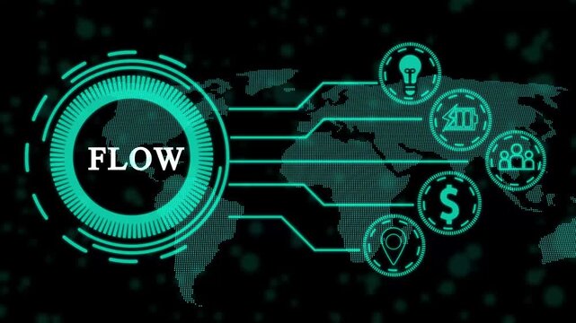 Futuristic graphic presentation of flow logo with digital user interface design.4K