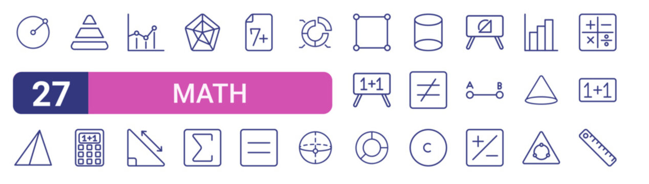 Set of 27 linear Math icons for web projects, mobile apps and interface menus. Vector icon set including geometry, graph, mark, square, circumference and ruler.