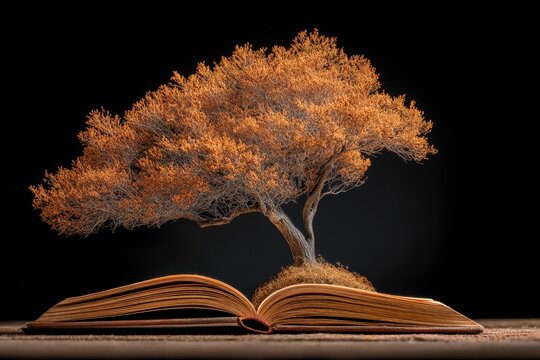 Conceptual Art Of A Bronze Tree Growing From An Open Book Illuminated By Warm Light Against A Dark Background Symbolizing Knowledge Growth And Learning