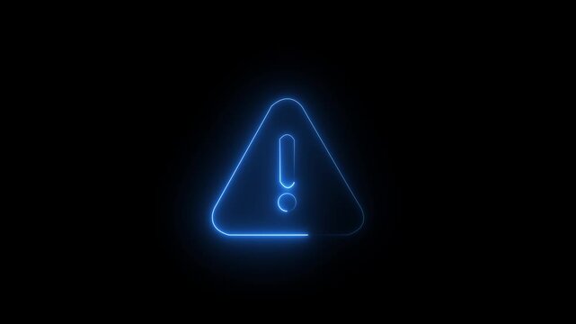 Neon blue warning sign icon on black background Animation of glowing neon Warning attention icon signal , alert , risk , safety, danger road warning sign animated .neon