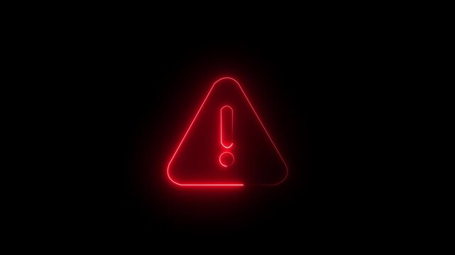 Neon red warning sign icon on black background Animation of glowing neon Warning attention icon signal , alert , risk , safety, danger road warning sign animated .neon
