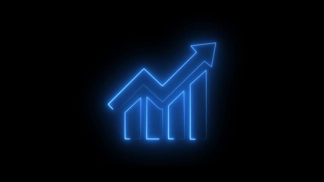 Neon blue glowing bar chart with upward trend arrow icon on black background