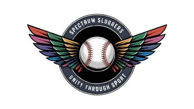 Colorful winged baseball logo for Spectrum Sluggers team, inclusive sports emblem with rainbow feathers and unity through sport text