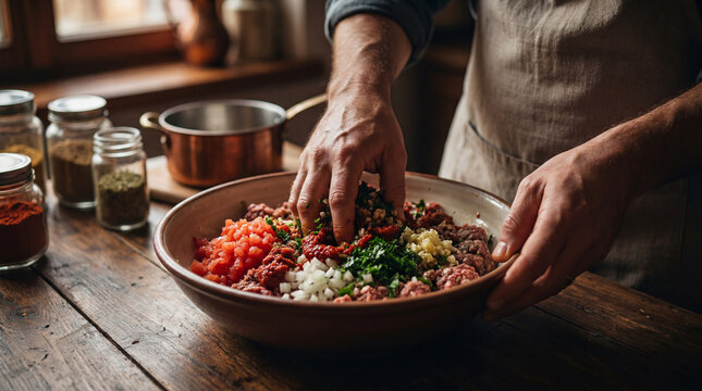 Chefs Hands Mixing Fresh Ingredients in a Rustic Kitchen Bowl.