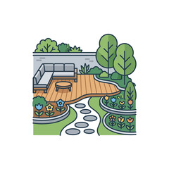 Obraz premium Modern Backyard Oasis: Deck, Sofa, Flowers, and Stepping Stones