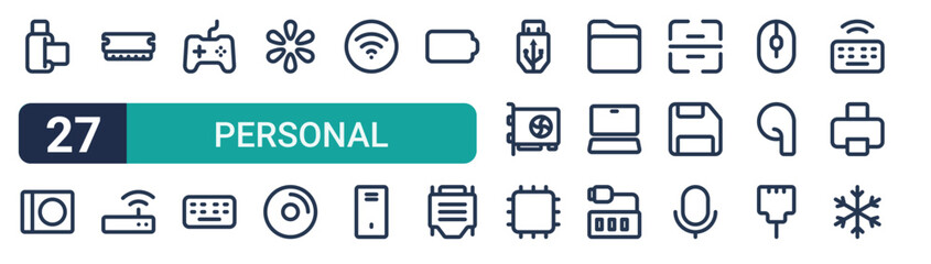 Set of 27 thin line Personal Computer icons for app screens, websites and product dashboards. Outline vector pack featuring card reader, cd, ram, router, joystick and keyboard. © Amelia
