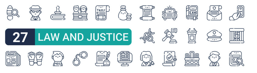 Set of 27 thin line Law and Justice icons for app screens, websites and product dashboards. Outline vector pack featuring footprint, newspaper, detective, custody, stamp and criminal. © Amelia