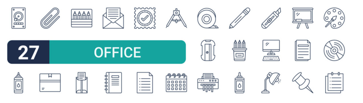 Set of 27 thin line Office Stationery icons for app screens, websites and product dashboards. Outline vector pack featuring hard disk, correction fluid, paperclip, box, pencil crayon and long