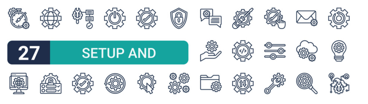 Set of 27 thin line Setup and Settings icons for app screens, websites and product dashboards. Outline vector pack featuring timer, it support, web tings, IIYHz002 authentication, management service