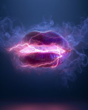 Closeup hyperreal 3D lips with sharp lightning bolts and swirling smoke energy glowing intensely centered on a minimalist dark gradient background with subtle rim highlights