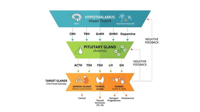 Detailed diagram illustrating the Hypothalamic-Pituitary-Target Gland axis, showing hormone release and negative feedback mechanisms in the endocrine system.