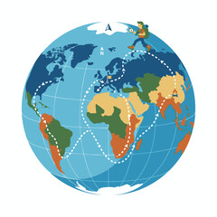 Fototapeta premium Person walking around the world map illustration.
