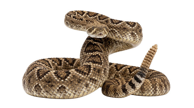 Rattlesnake with raised head and rattle on tail isolated on transparent background.