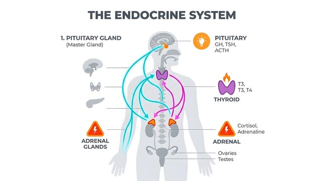 Comprehensive diagram illustrating the human endocrine system, detailing the pituitary, thyroid, and adrenal glands, along with their hormonal secretions and regulatory feedback loops.
