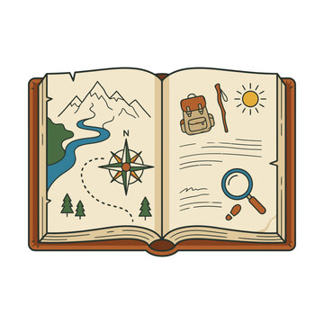Open book with treasure map and adventure icons.