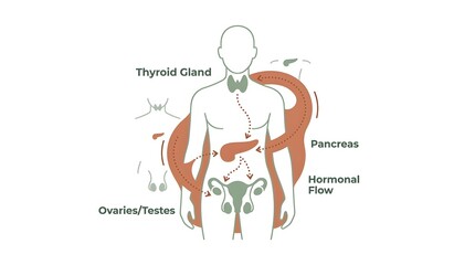 Fototapeta premium Diagram illustrating the human endocrine system with thyroid gland, pancreas, ovaries/testes, and hormonal flow pathways.