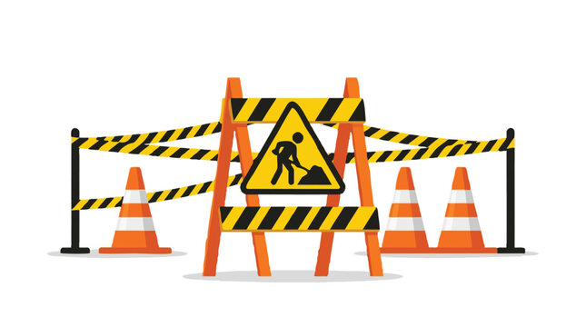 Road Construction Zone Vector with Barricade, Traffic Cones, and Caution Tape