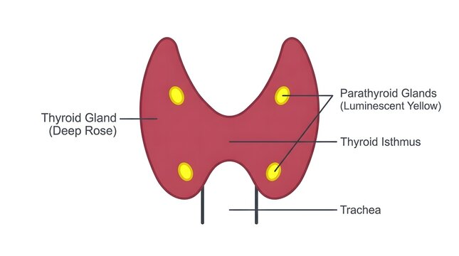 Anatomical diagram illustrating the human thyroid gland, parathyroid glands, thyroid isthmus, and trachea with color coding.