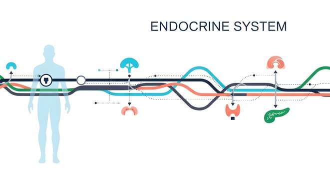 Stylized illustration of the human endocrine system showing major glands and hormone pathways with a network of colored lines and icons.