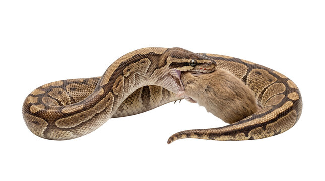 A ball python, python regius, preying on a small brown mouse on a clear background.