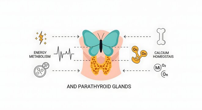 Illustration of the thyroid and parathyroid glands and their roles in energy metabolism and calcium homeostasis.