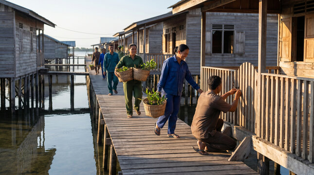 Neighbors Carry Mangrove Seedlings Through Tidal Settlement At Sunrise