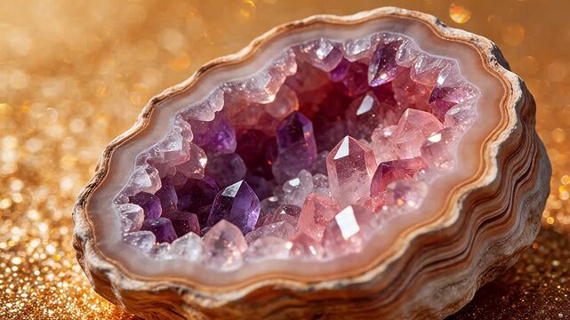 Geode with purple and pink crystals
