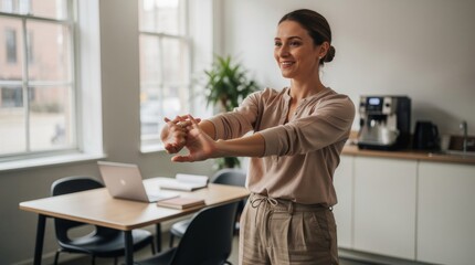 Office Worker Doing Arm Stretches Near Desk