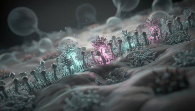 Closeup cinematic shot showing diverse hormone receptor proteins on a lipid membrane emphasizing glowing signaling particles and subtle vesicle structures with teal and magenta rim