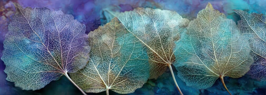 Close Up Of Translucent Leaf Veins In Shades Of Teal And Lave With Speckled Texture And Dark Blue Purple Background Abstract Natural Detail
