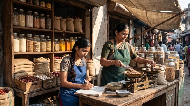 Women Shopkeepers Restocking Dry Goods In Neighborhood Market Stall
