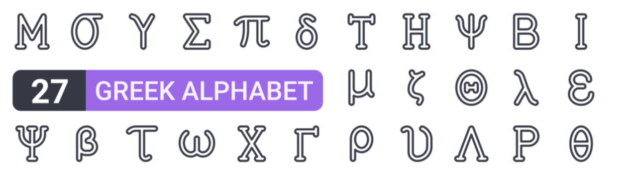 Set of 27 outline Greek Alphabet icons for modern UI, landing pages and digital services. Editable stroke collection with mu, psi, sigma, omega, mu and lambda.