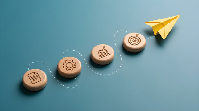 Yellow paper plane flying over wooden coin icons with business target and gear symbols for corporate goal achievement, strategic planning progression, entrepreneurial success concept