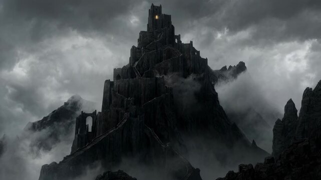 Dark castle on high mountain peak shrouded in thick fog. Ancient stone fortress with glowing window at night. Cinematic gothic fantasy landscape scene concept.