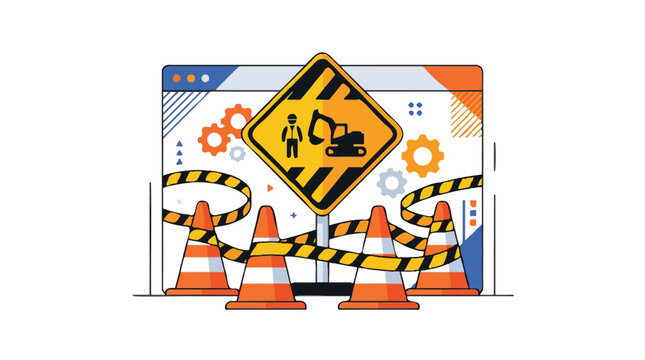 Website Under Construction Illustration with Traffic Cones and Warning Sign for Web Maintenance