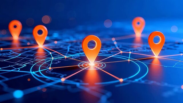 Digital map with glowing location markers