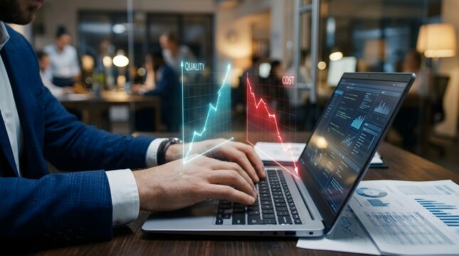 Businessman Analyzing Quality and Cost Data with Holographic Charts on Laptop