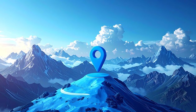Blue location pin icon on top of a snowy mountain peak with clouds and blue sky.