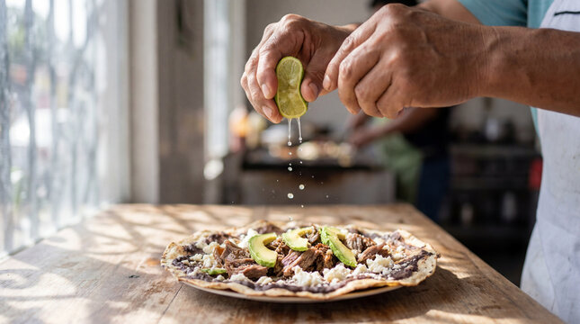 Close-up of hands squeezing lime over a delicious Mexican tlayuda on a wooden table.