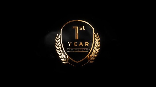 Luxury Golden 1st Year Anniversary Badge with Laurel Wreath on Black Background
