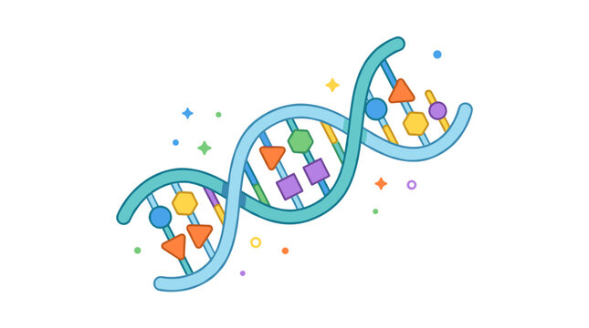 Stylized illustration of a DNA double helix with colorful geometric shapes representing nucleotides