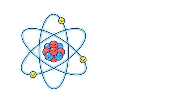 Cute cartoon atom with smiling nucleus and orbiting electrons on white background