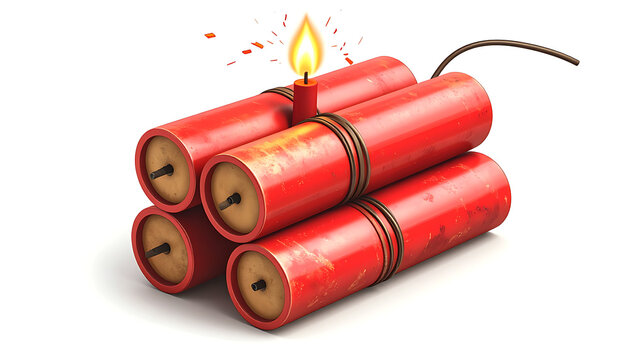 Bundle of red dynamite sticks with a lit fuse and burning flame on white background.