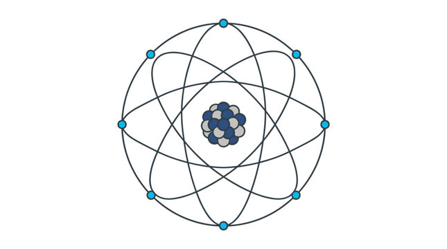 Stylized illustration of an atom with a nucleus and orbiting electrons on elliptical paths
