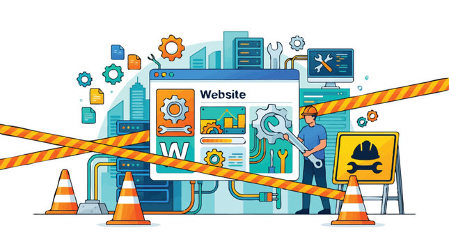 Website Under Construction Illustration with Maintenance Worker and Tech Icons