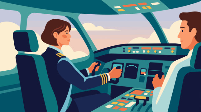 Female pilot and male copilot in aircraft cockpit during sunset flight