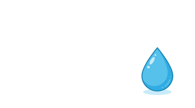 A single blue water drop with highlights and a shadow on a white background