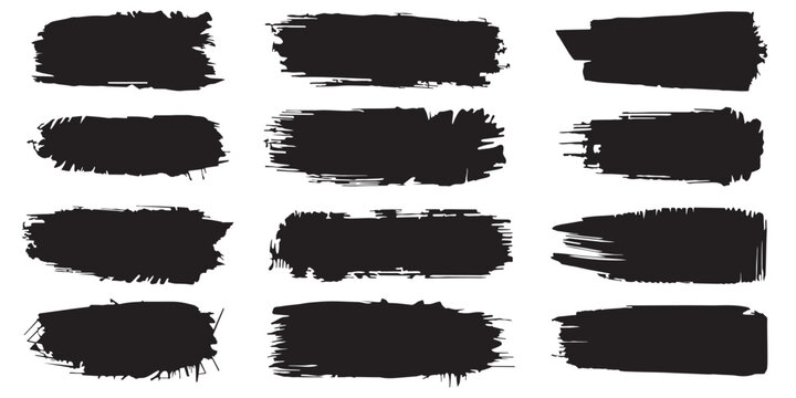 Black grunge brush stroke set. Thick ink paint swatches and rough textured redaction blocks. Vector redacted text censorship bar pack.