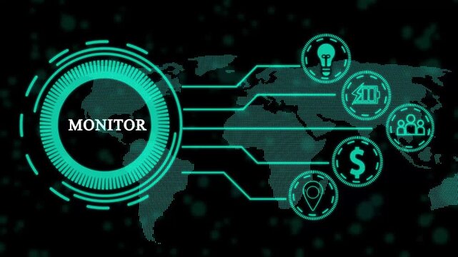Futuristic graphic presentation of monitor logo with digital user interface design.4K